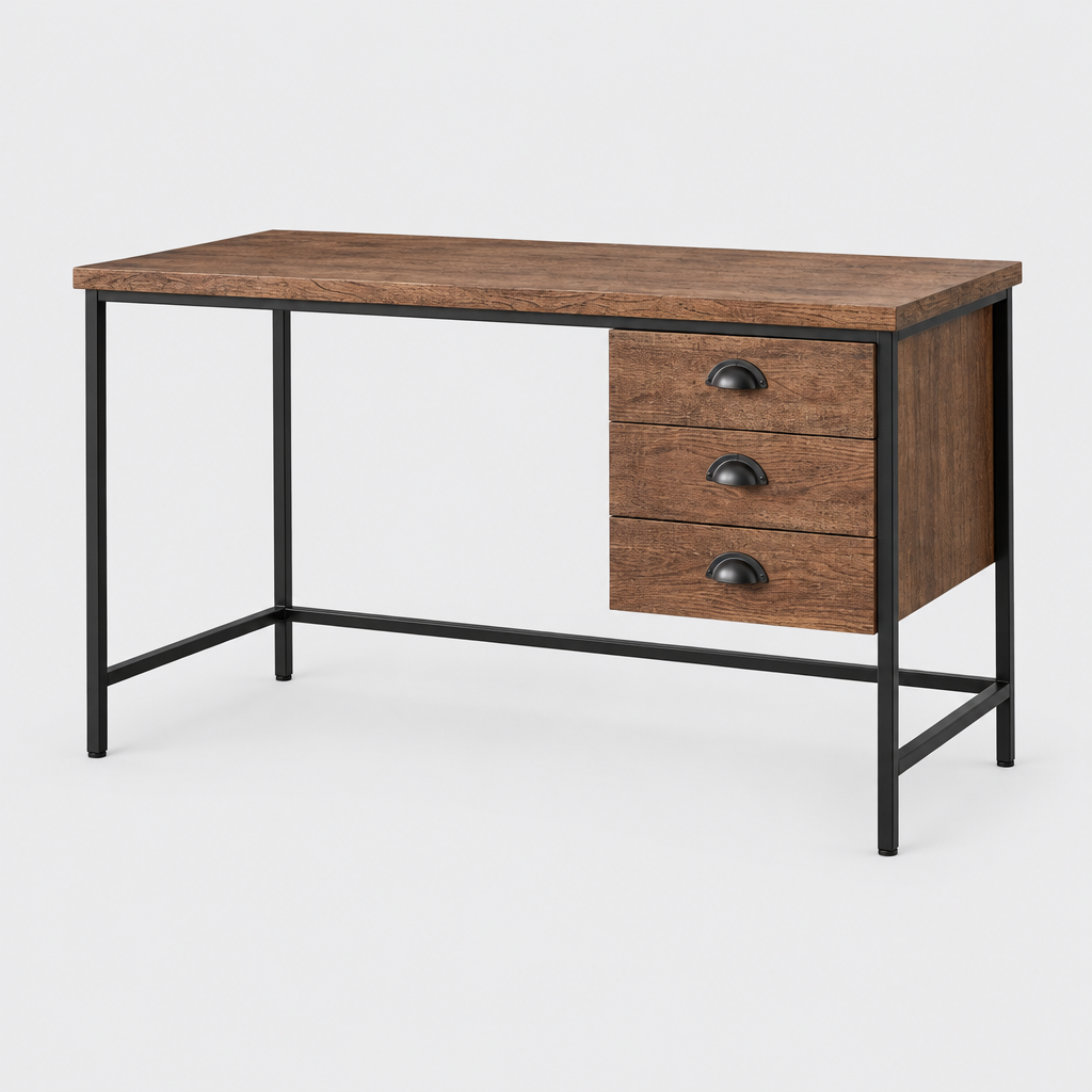 Brown and black computer desk with 3 drawers studio photo