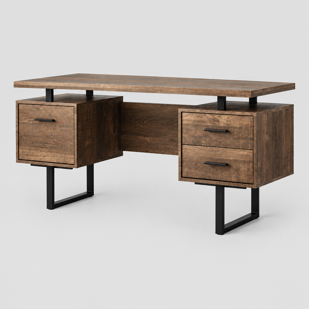 Brown and black computer desk with 3 drawers studio photo