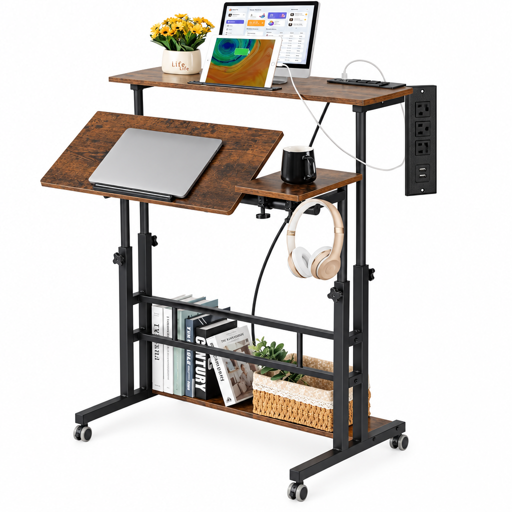 Rustic brown mobile standing desk studio photo