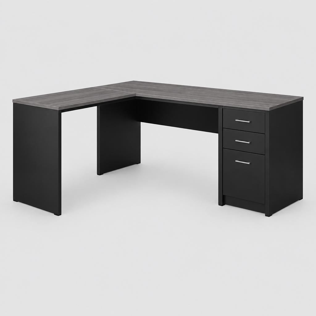 Gray and black L-shaped computer desk with 3 drawers studio photo