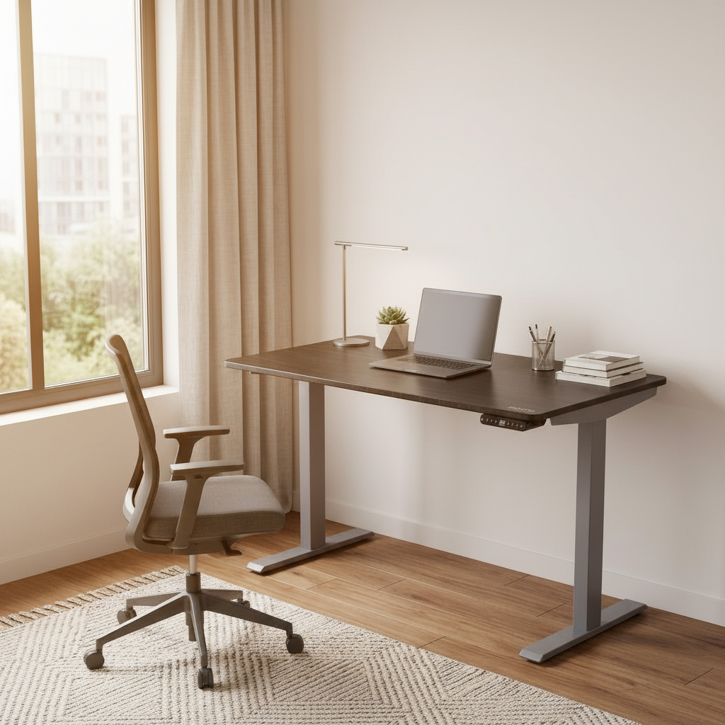 Black and gray adjustable standing desk in a bright home office