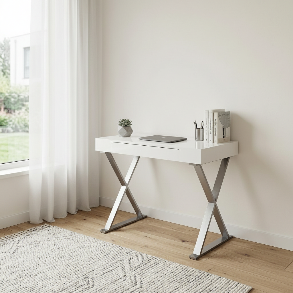 White and silver writing desk in a bright modern home office