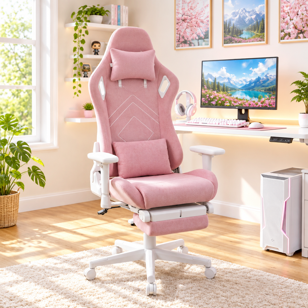 Pink and white racing-style gaming chair with footrest in a sunny home office