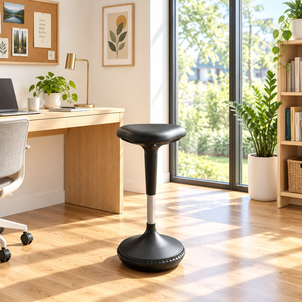 Black wobble perch stool in a sunny home office