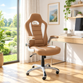 Camel and white racing-style office chair in a sunny home office