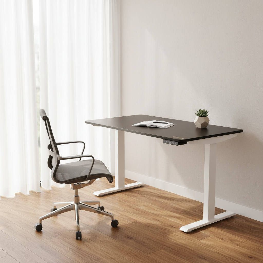 Black and white adjustable standing desk in a bright home office