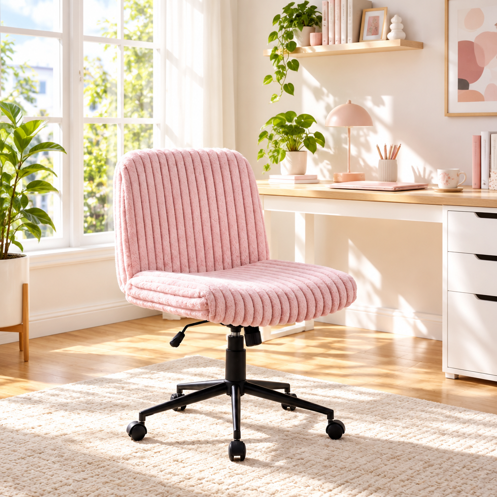 Pink ribbed faux fur gaming chair with black base in a sunny home office