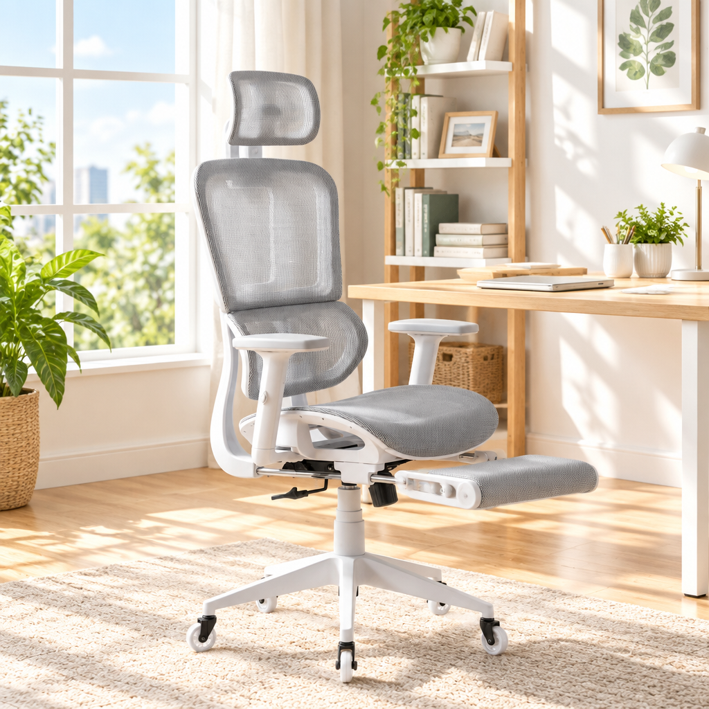 Light gray mesh gaming chair with footrest in a sunny home office