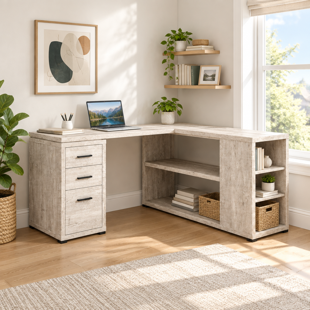 Taupe L-shaped computer desk with 3 drawers in a bright home office