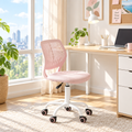 Pale pink office chair with white base in a sunny home office