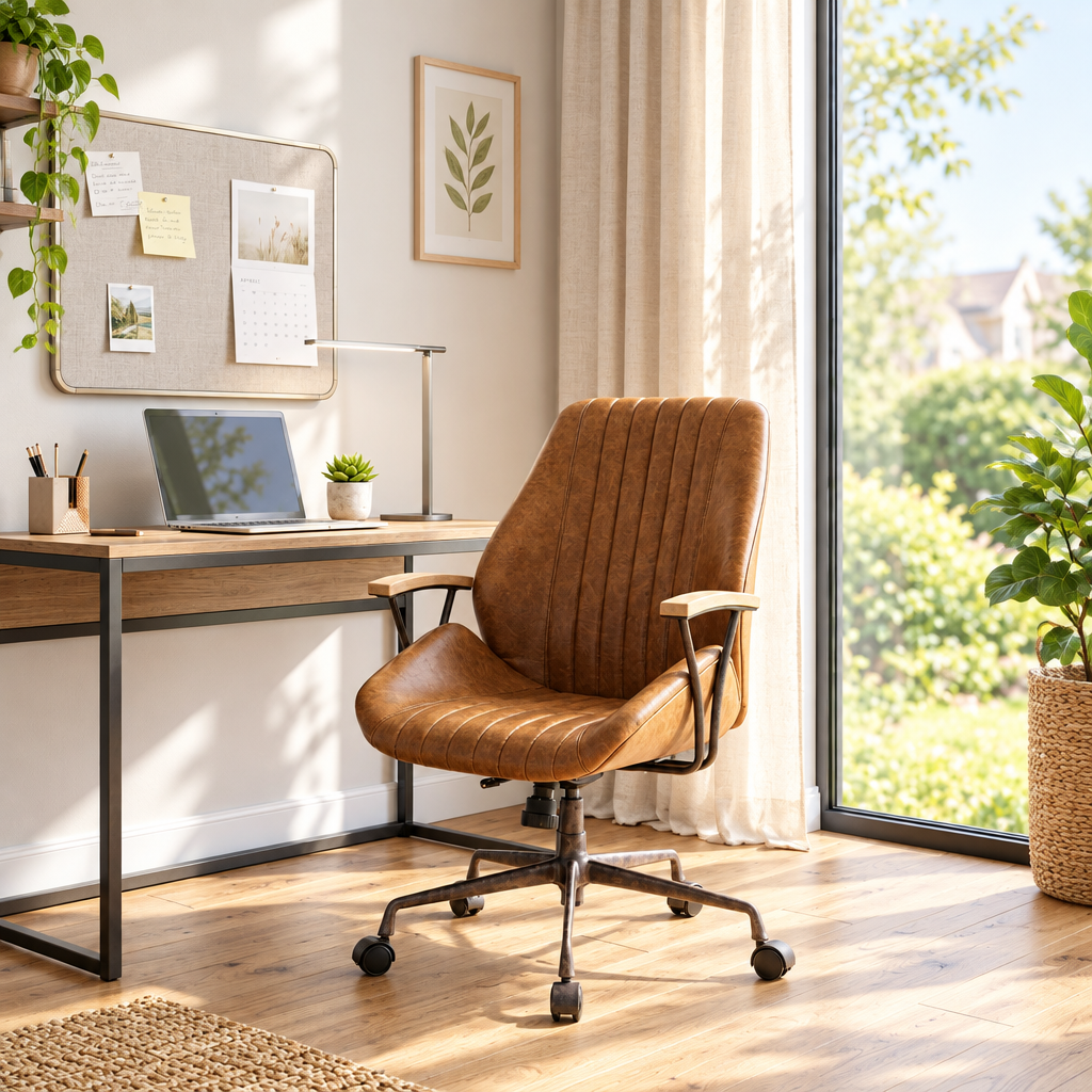 Coffee brown faux leather office chair in a sunny home office