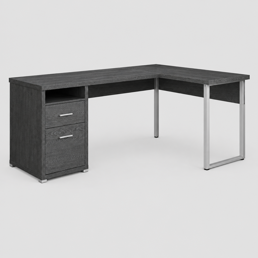 Gray and silver L-shaped computer desk with 2 drawers studio photo