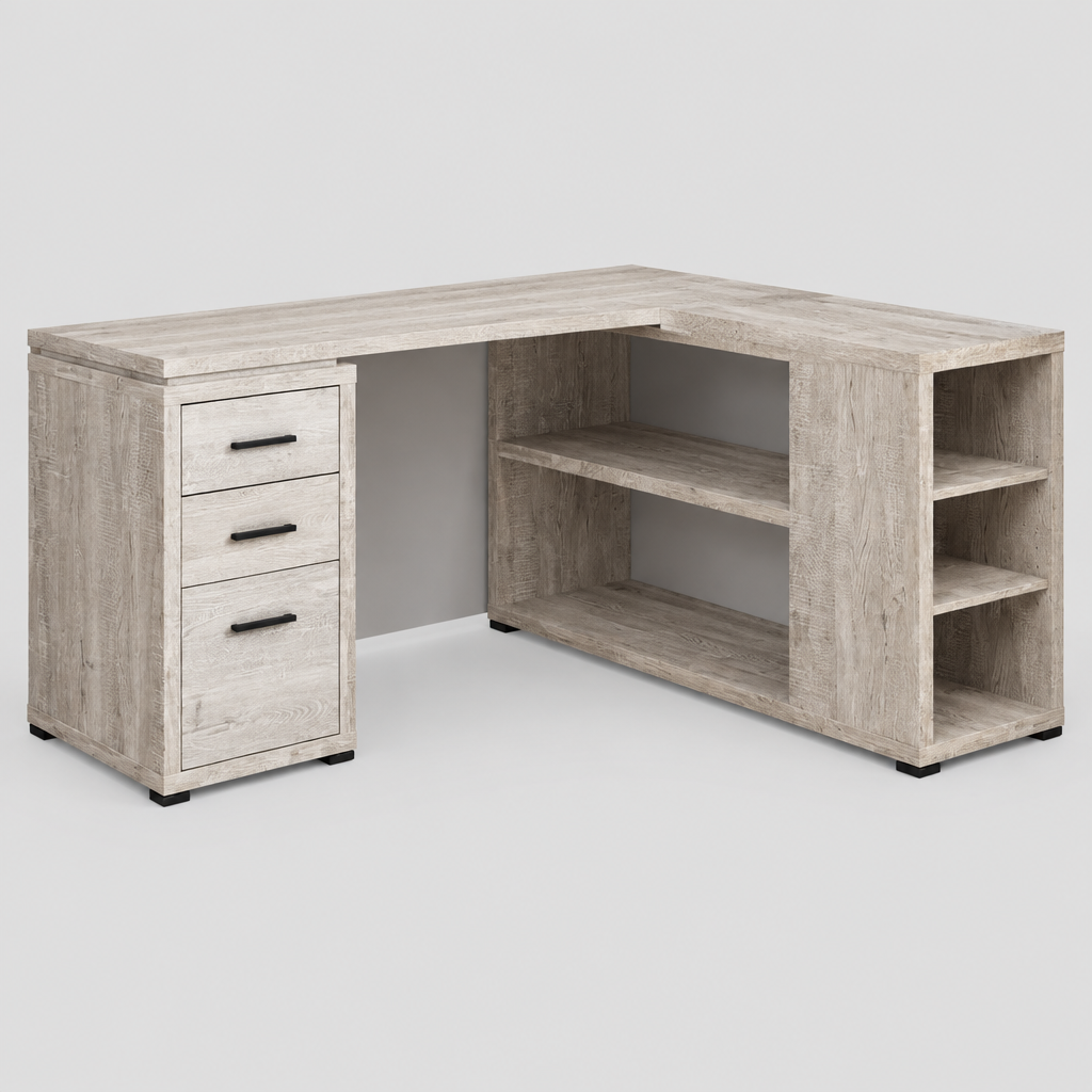 Taupe L-shaped computer desk with 3 drawers studio photo