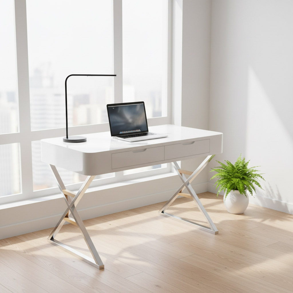 White and silver writing desk with 2 drawers in a bright home office