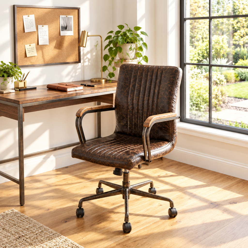 Distressed chocolate brown leather executive office chair in a sunny home office