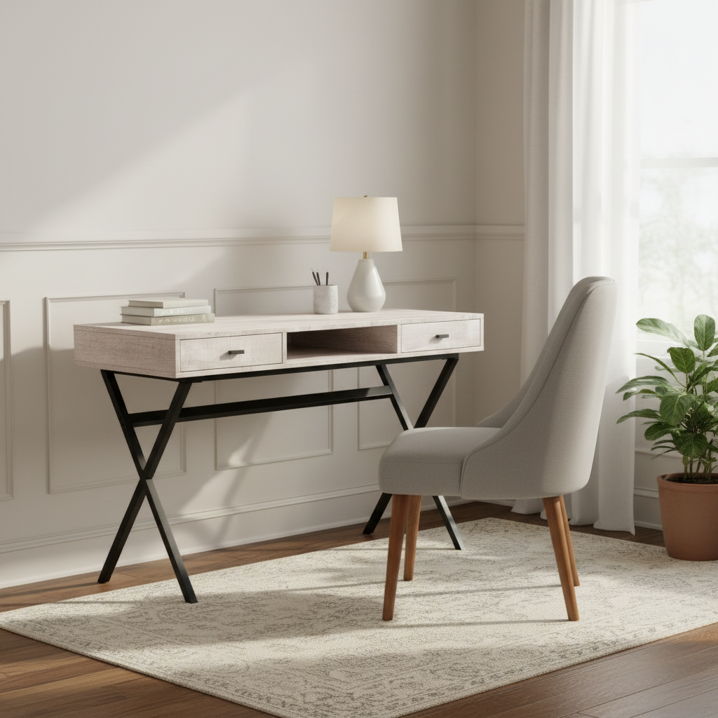 Taupe and black computer desk with 2 drawers in a home office