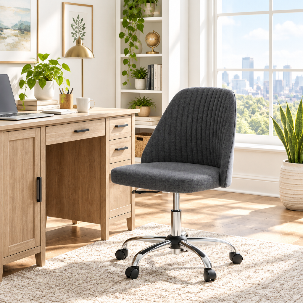 Dark gray channel-tufted office chair with chrome base in a sunny home office