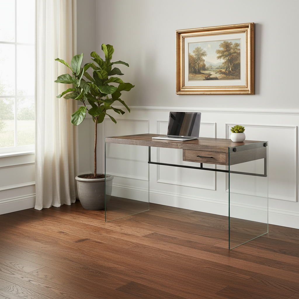 Brown and clear glass computer desk in a bright home office