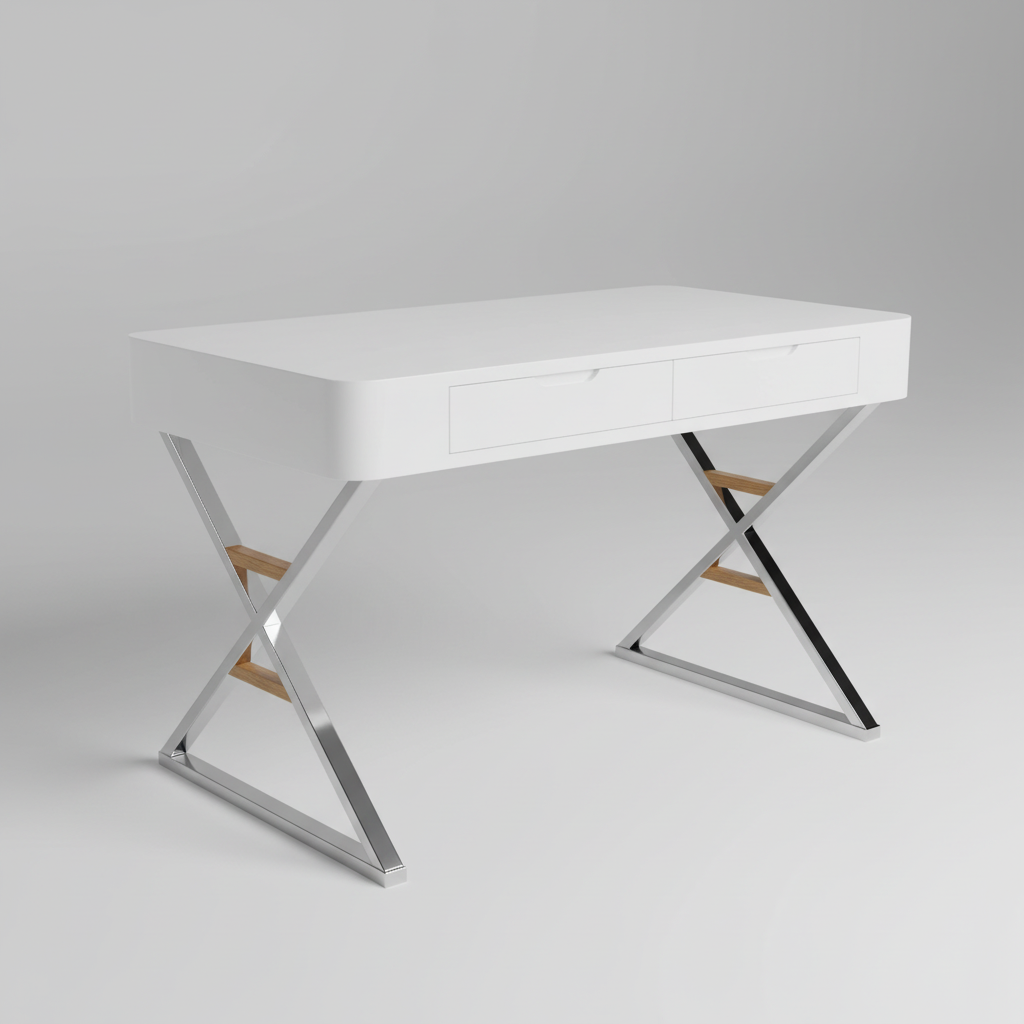 White and silver writing desk with 2 drawers studio photo