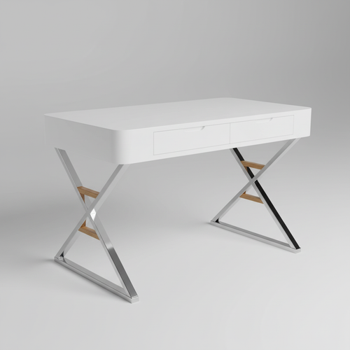 White and silver writing desk with 2 drawers studio photo