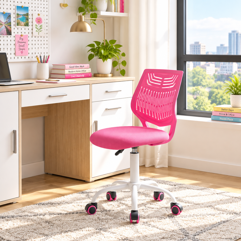Pink ribbed-back office chair with white base in a sunny home office
