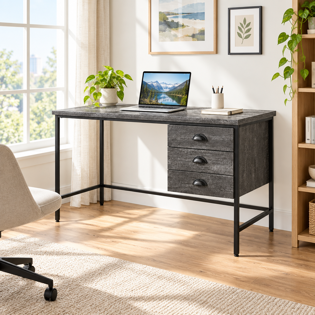 Gray and black computer desk with 3 drawers in a bright home office
