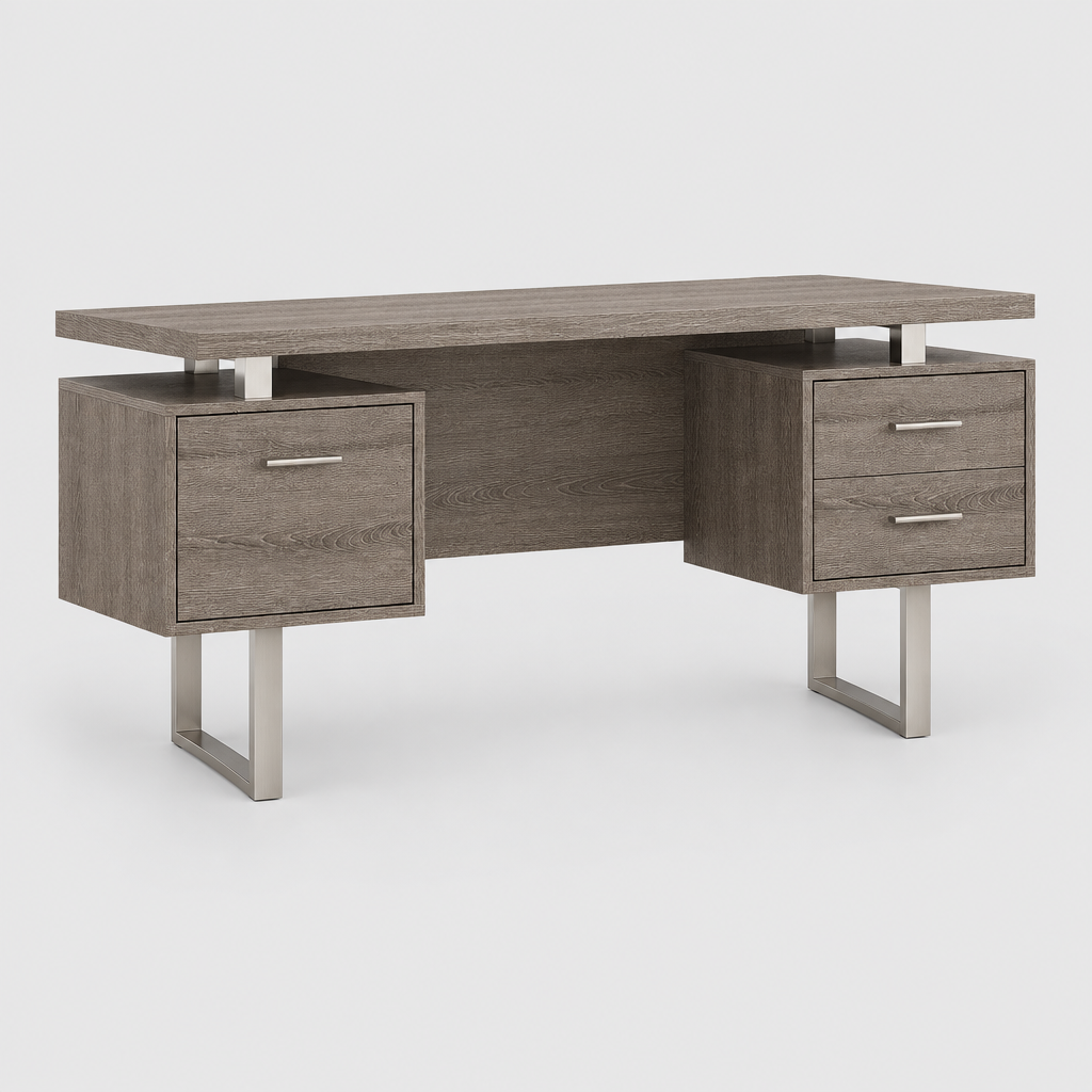 Taupe and silver computer desk with 3 drawers studio photo