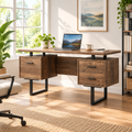 Brown and black computer desk with 3 drawers in a bright home office