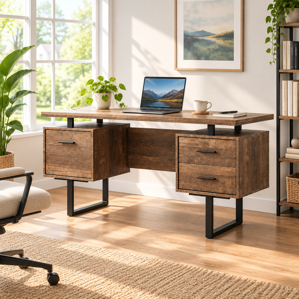 Brown and black computer desk with 3 drawers in a bright home office