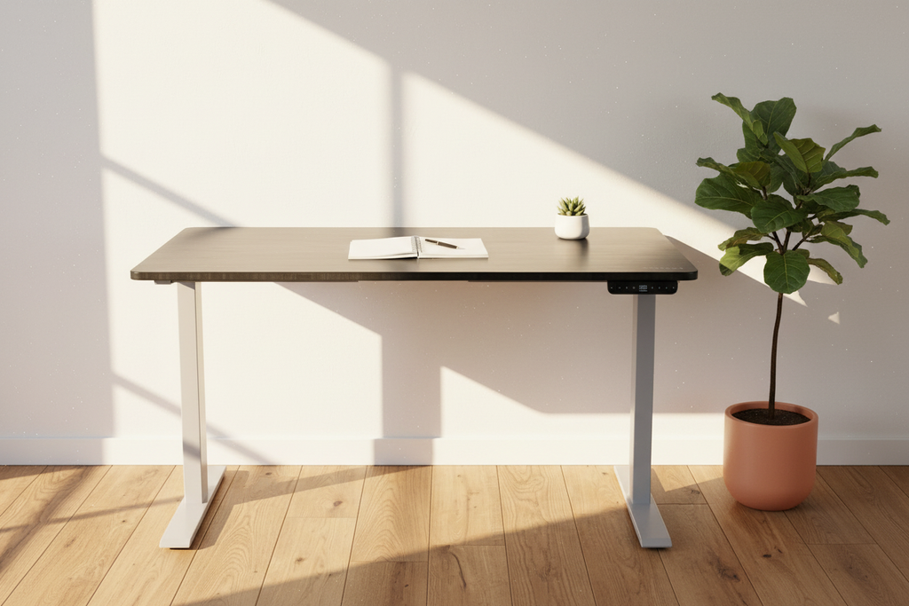 48 inch black and gray adjustable computer desk in a sunlit home office corner