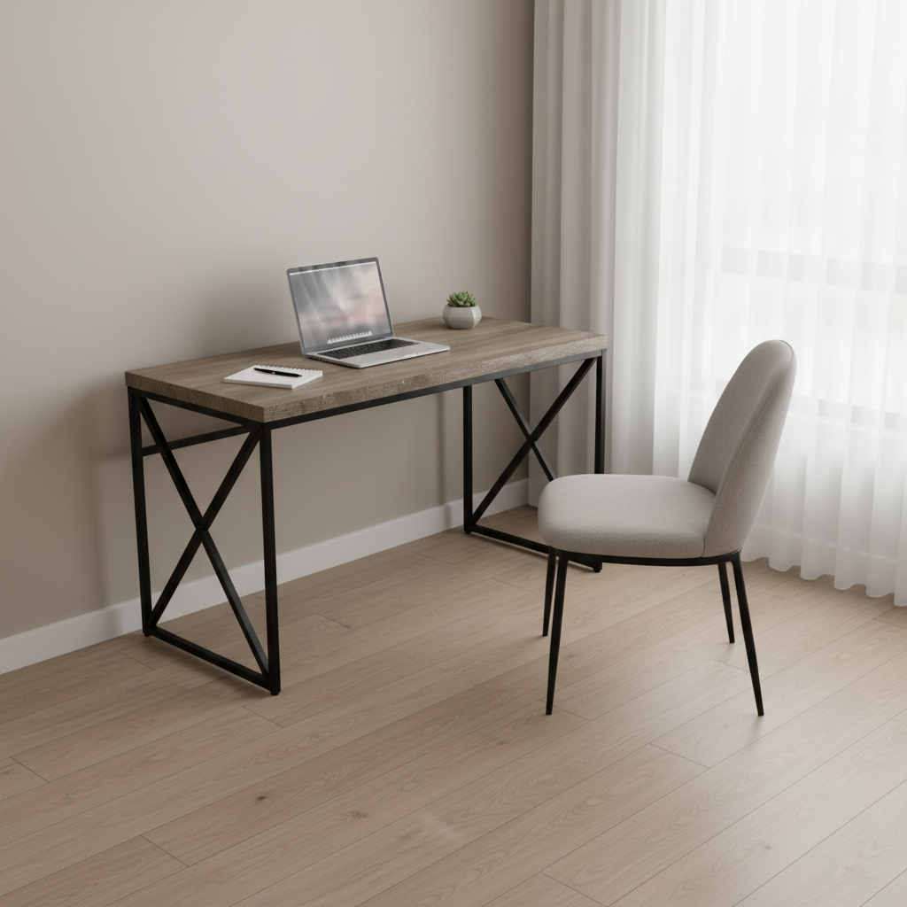 Taupe and black computer desk in a home office