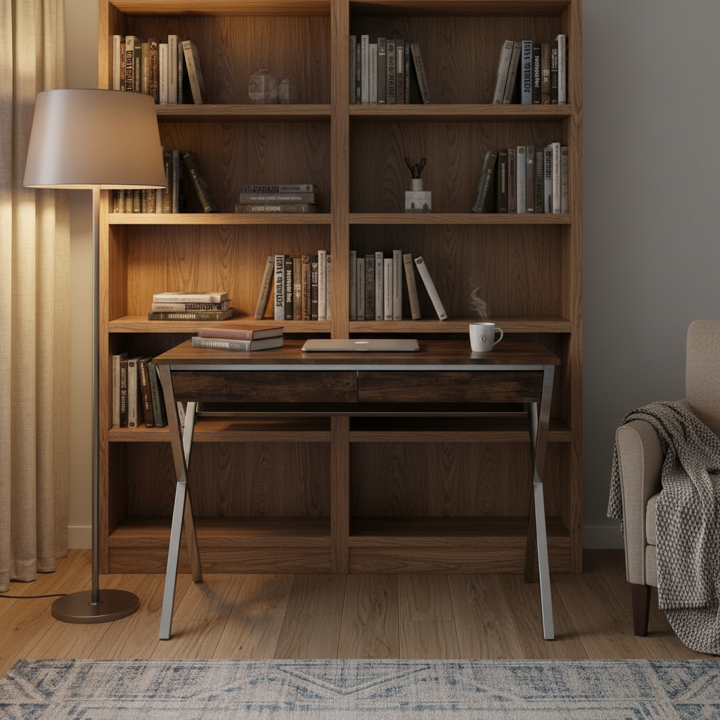 Brown and silver writing desk in front of a bookshelf