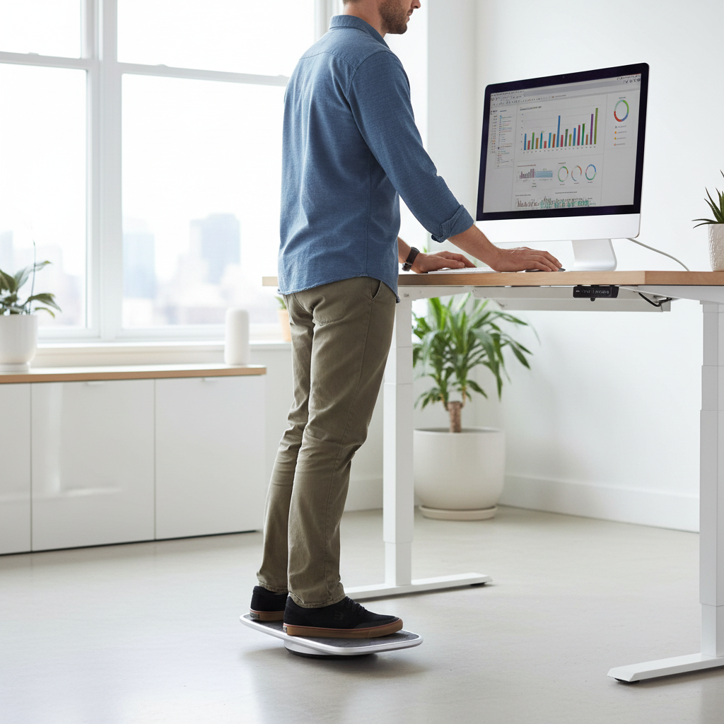 Person balancing on black and white board at standing desk in modern office