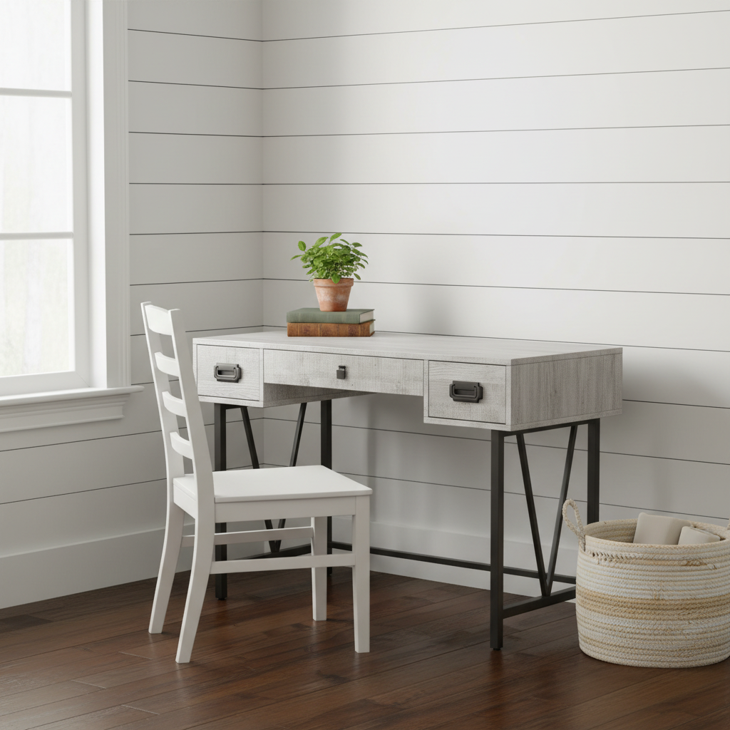 Gray and black computer desk with 3 drawers in a farmhouse-style home office