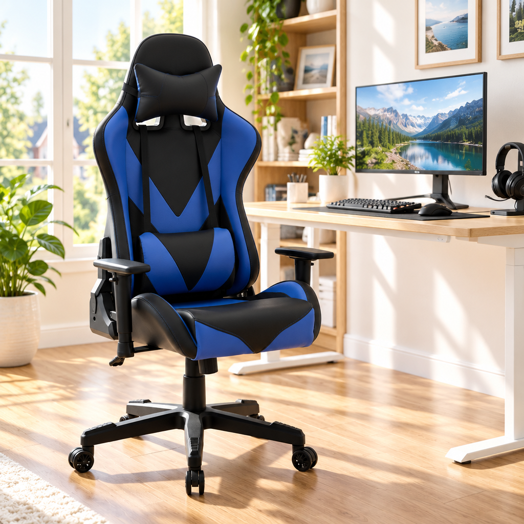 Blue and black racing-style gaming chair in a sunny home office