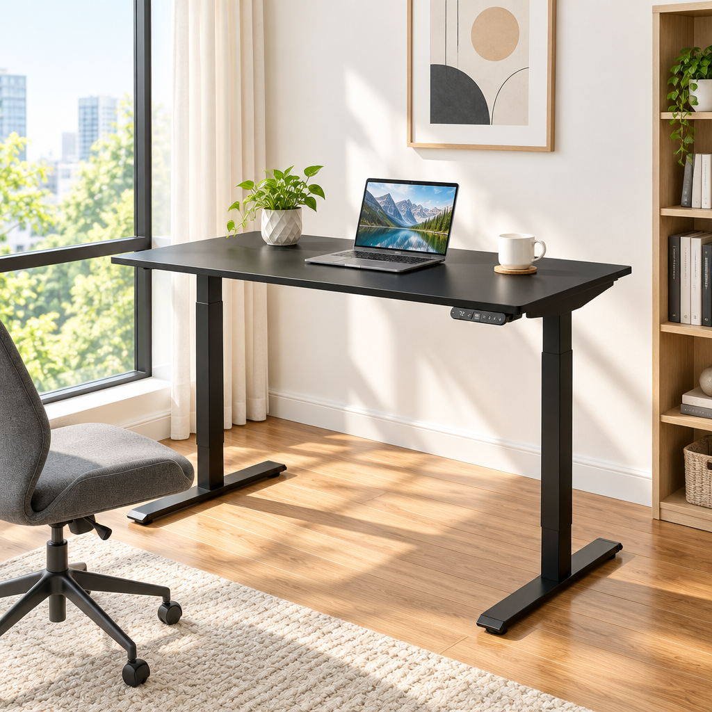 Black adjustable standing desk in a bright home office
