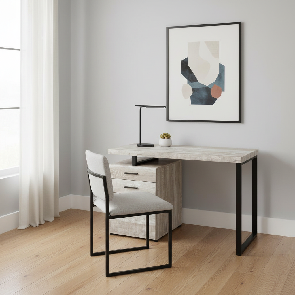 Taupe and black computer desk with 3 drawers in a home office