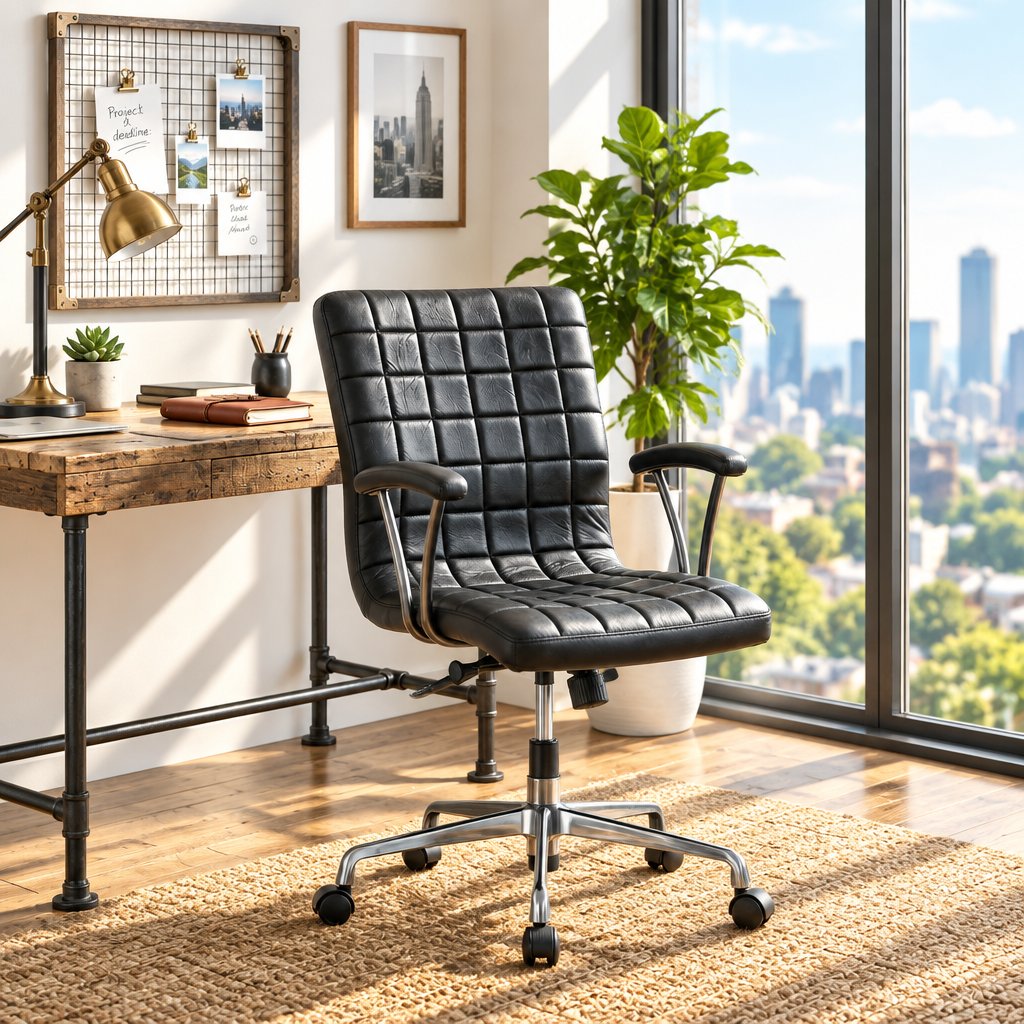 Vintage black leather executive office chair in a bright sunny office