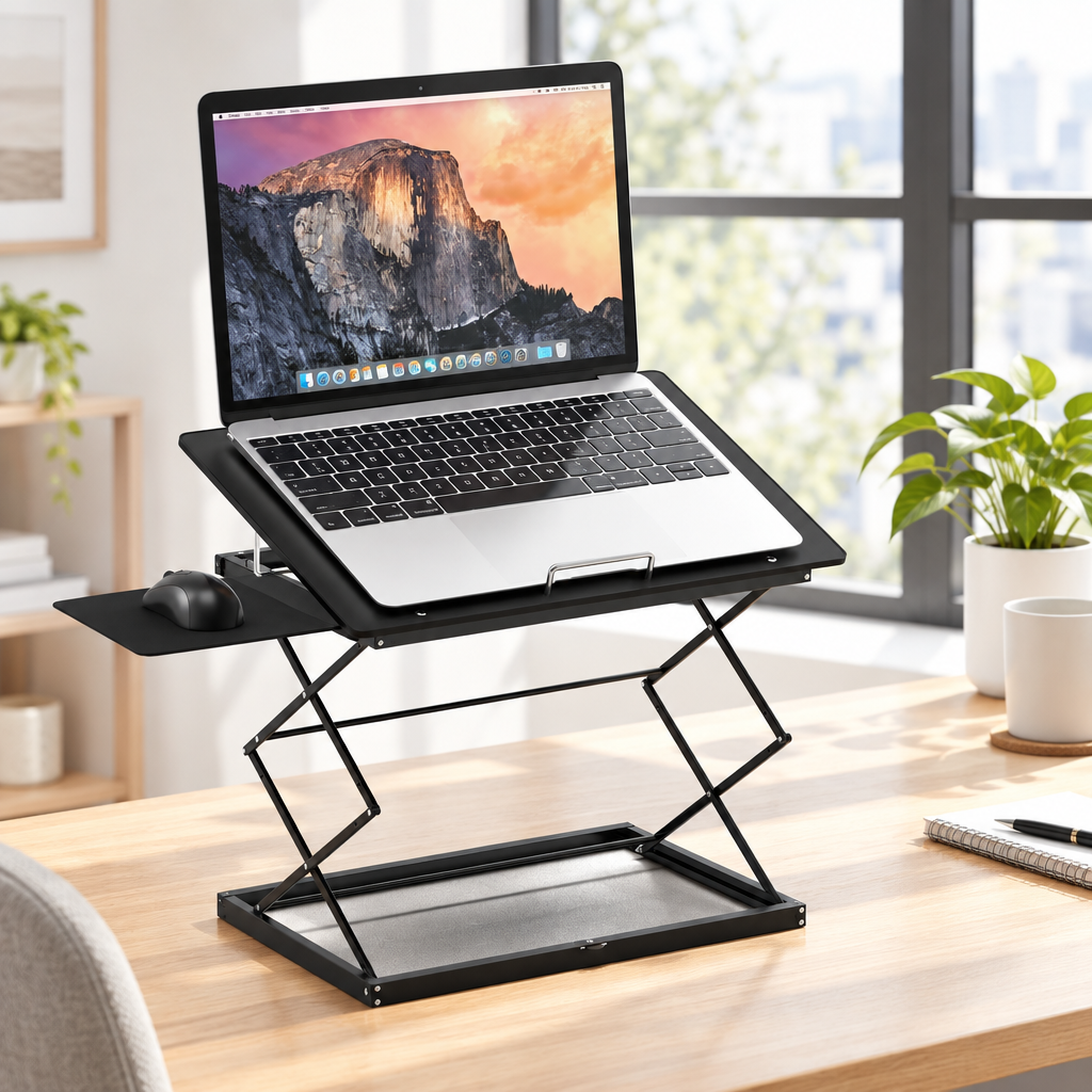 Black compact folding laptop desk with mousepad holding a laptop in a bright home office