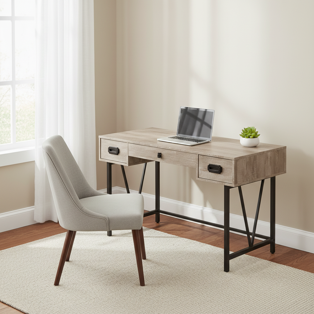 Taupe and black computer desk in a home office