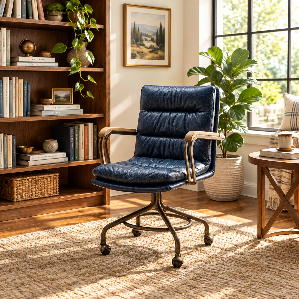 Navy leather vintage-style executive office chair beside a bookshelf reading nook