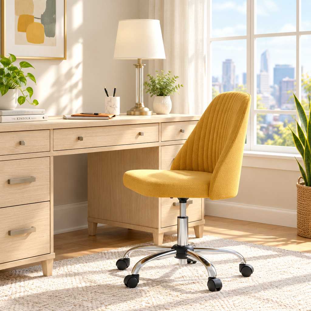 Mustard yellow channel-tufted office chair with chrome base in a sunny home office