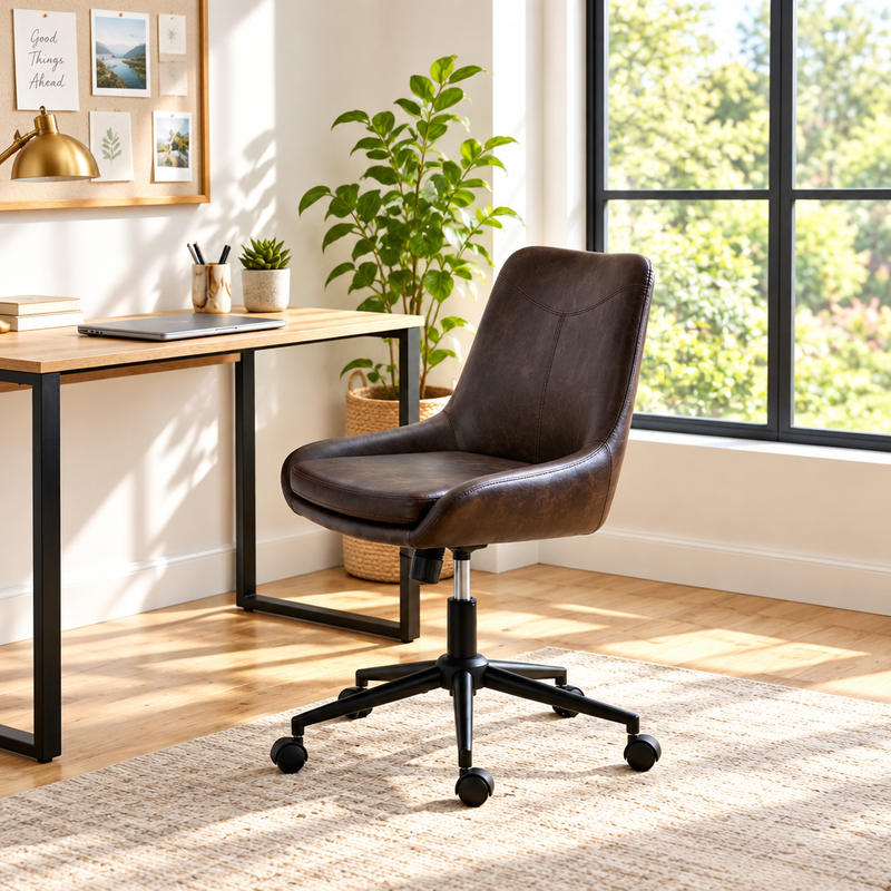 Espresso brown armless office chair in a sunny home office