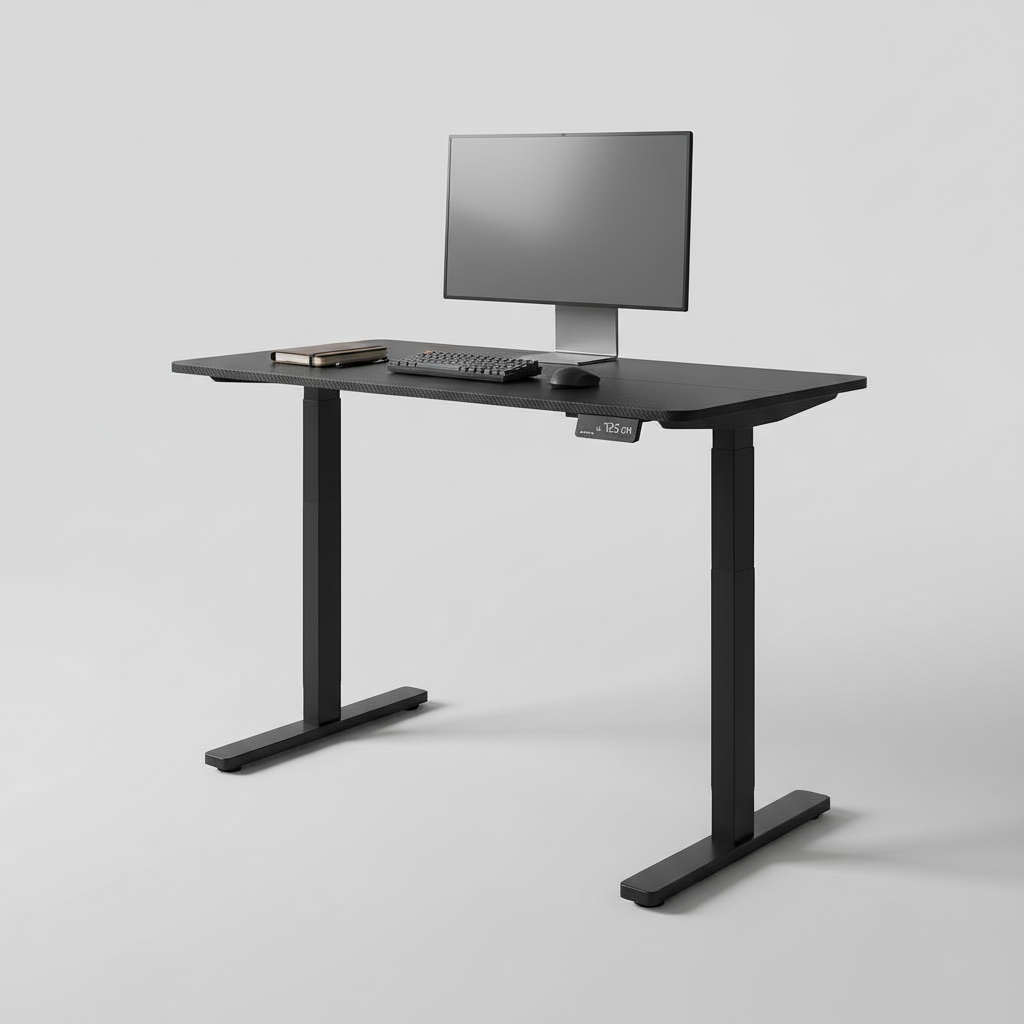 Black adjustable standing desk studio photo