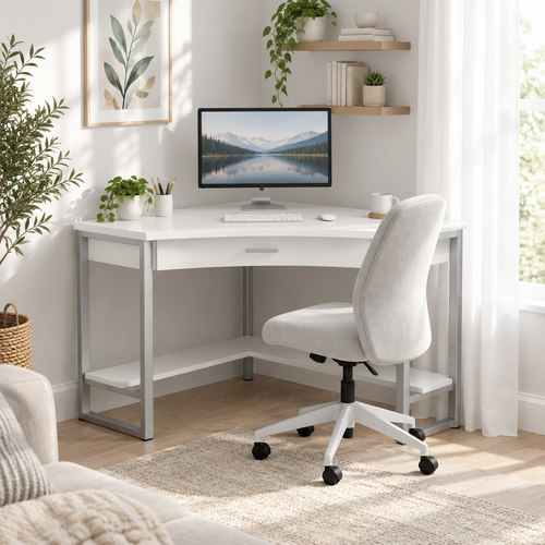 White and silver corner computer desk set up as a workspace in a bright living room