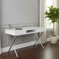 White and silver computer desk with 2 drawers in a bright home office