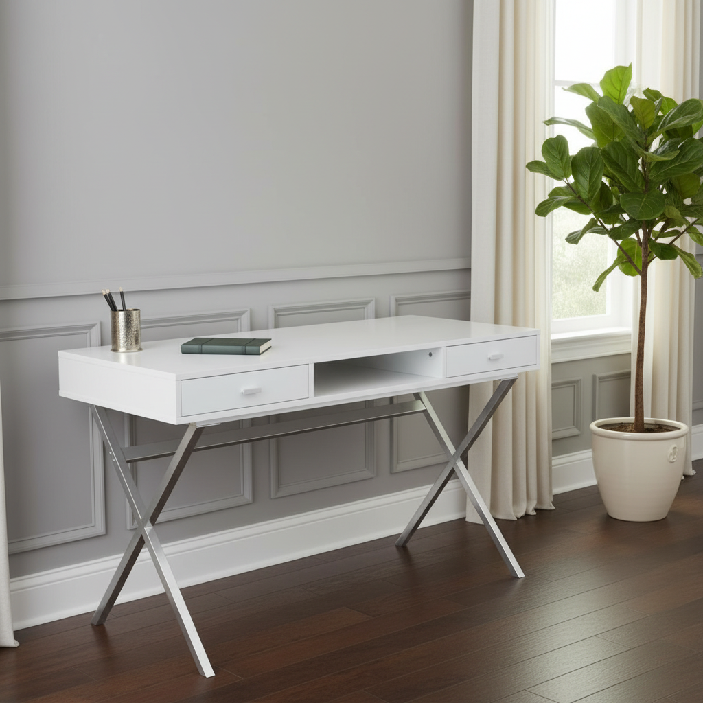 White and silver computer desk with 2 drawers in a bright home office