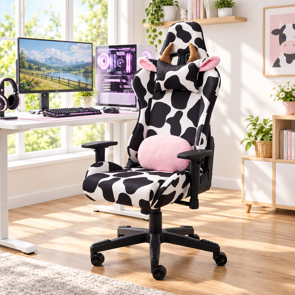 Black and white cow print gaming chair in a sunny home office