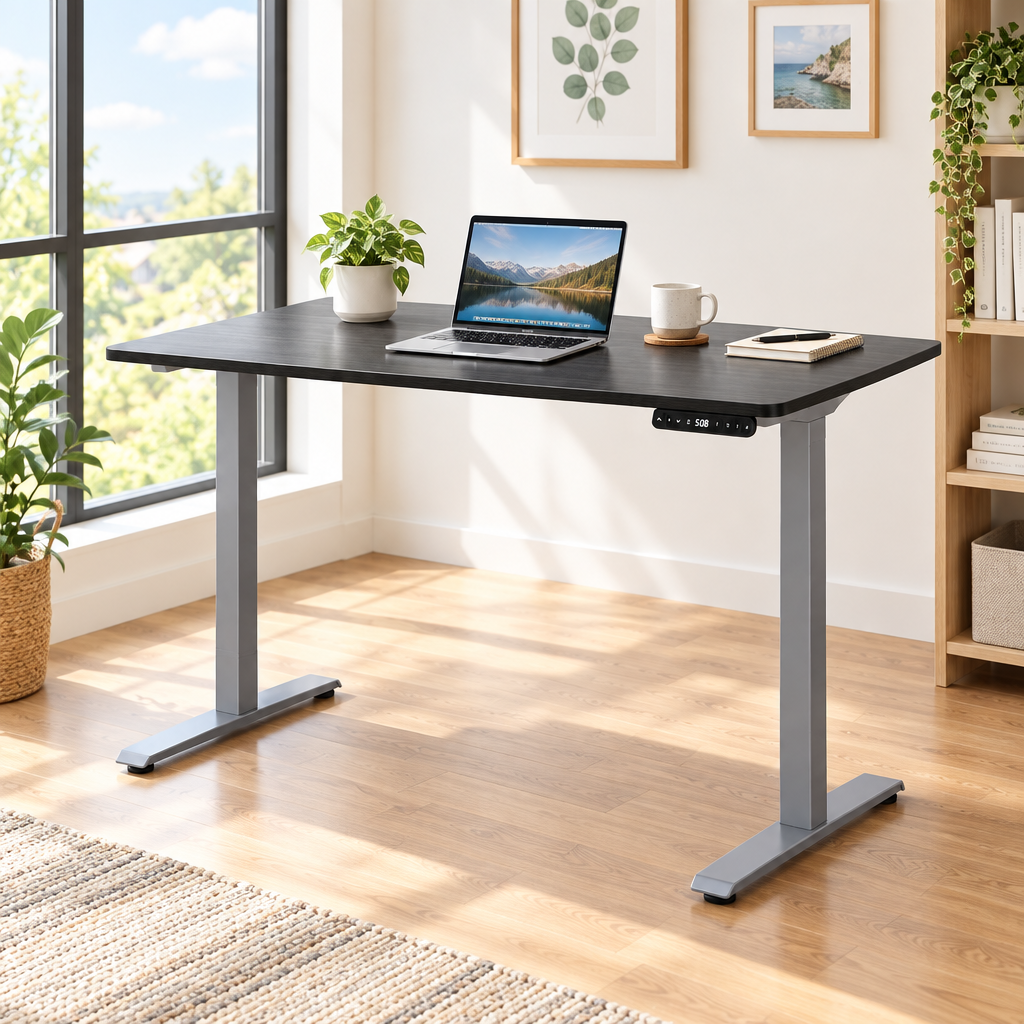 Black and gray adjustable standing desk in a bright home office