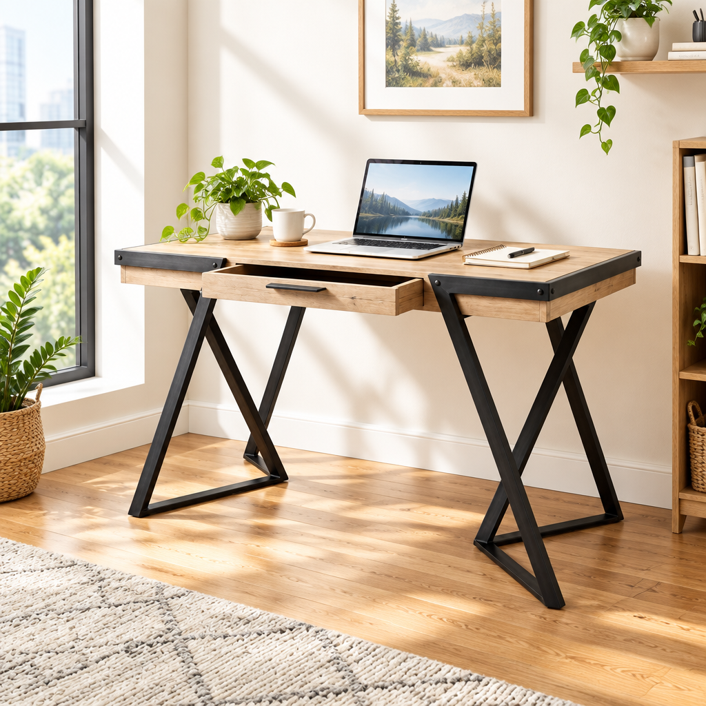 Brown and black writing desk with drawer in a bright home office